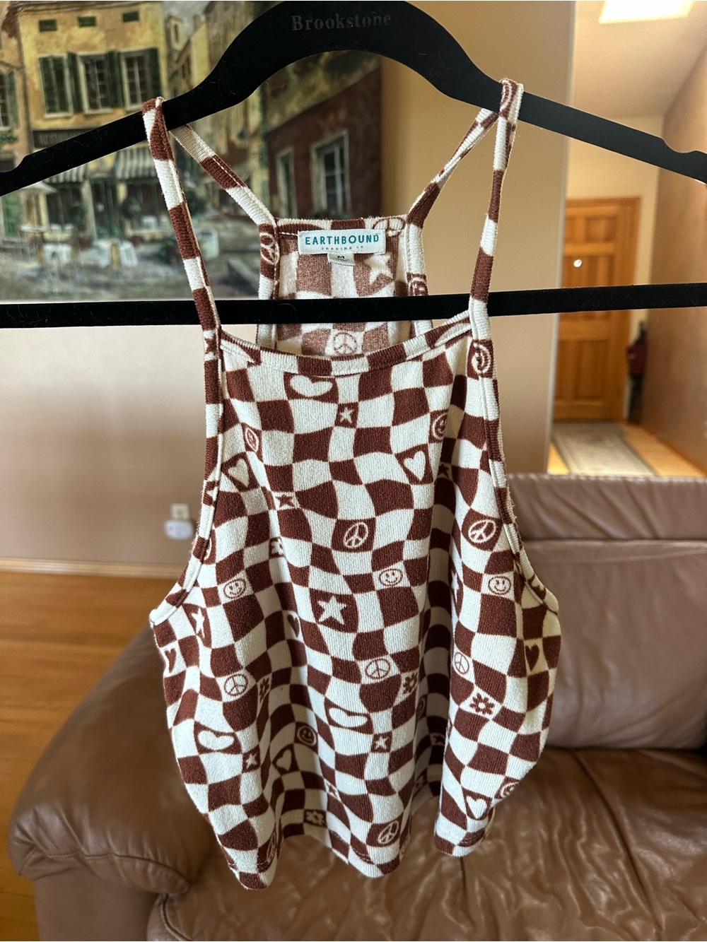 Earthbound super soft brown and white checkered tank top Size M